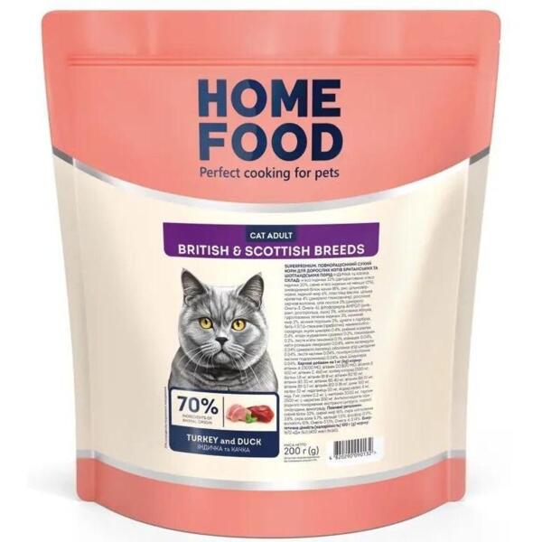 

Сухой корм для взрослых котов британских и шотландских пород HOME FOOD Индейка и утка 200г
