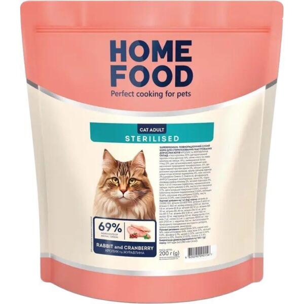 

Сухой корм для взрослых стерилизованных котов HOME FOOD Кролик и клюква 200г