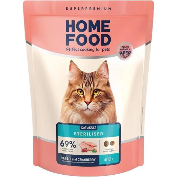 

Сухой корм для взрослых стерилизованных котов HOME FOOD Кролик и клюква 400г