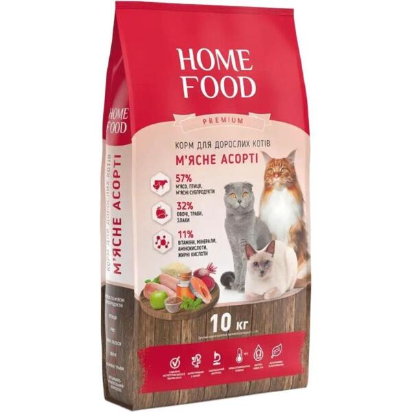 

Сухой корм для взрослых котов HOME FOOD Мясное ассорти универсальный 10кг
