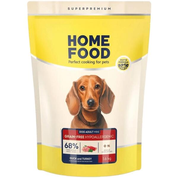 

Сухой корм для взрослых собак малых пород HOME FOOD Утка и индейка беззерновой гипоаллергенный 1.6кг