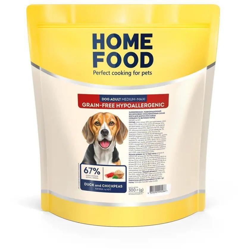 Сухий корм для дорослих собак середніх та великих порід HOME FOOD Качка та нут беззерновий гіпоалергенний 300гфото1