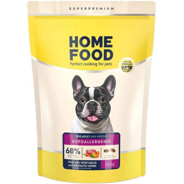 Сухой корм для взрослых собак малых и средних пород HOME FOOD Телятина с овощами и травами гипоаллергенный 1.6кг