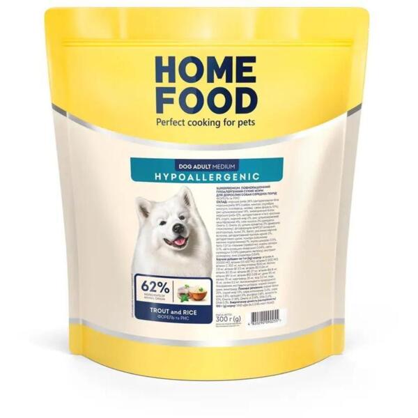 

Сухой корм для взрослых собак средних пород HOME FOOD Форель и рис гипоаллергенный 300г