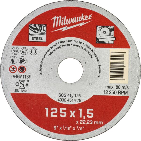 

Диск отрезной Milwaukee по металлу, 125х1.5х22.2мм (4932451479)