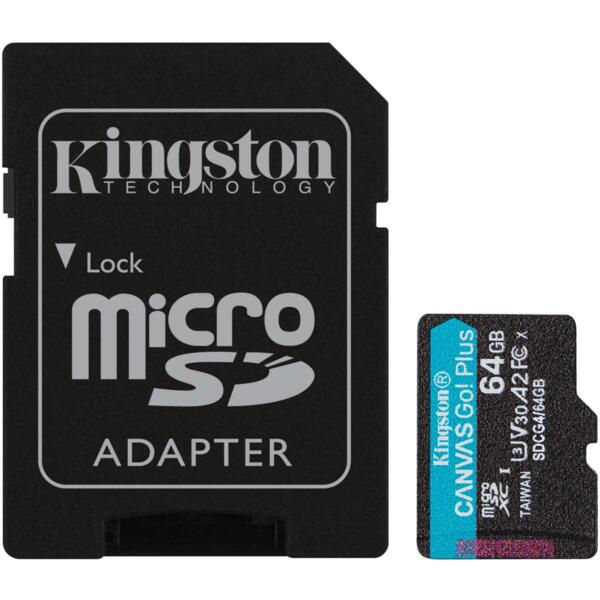 Карта памяти Kingston microSD 64GB C10 UHS-I U3 A2 V30 R200MB/s + SD-адаптер (SDCG4/64GB)