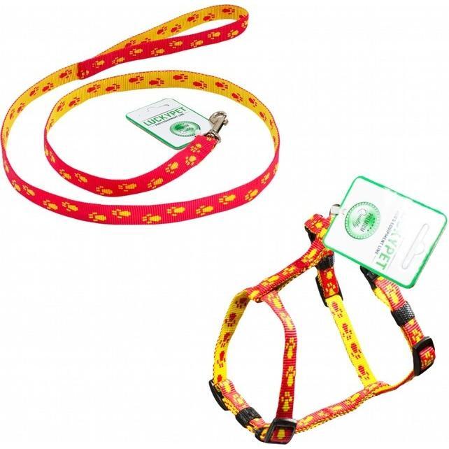 Комплект Lucky Pet поводок+шлея капроновый Н-образный Лапки красно-желтый 10мм/22-32см/24-38см фото 1