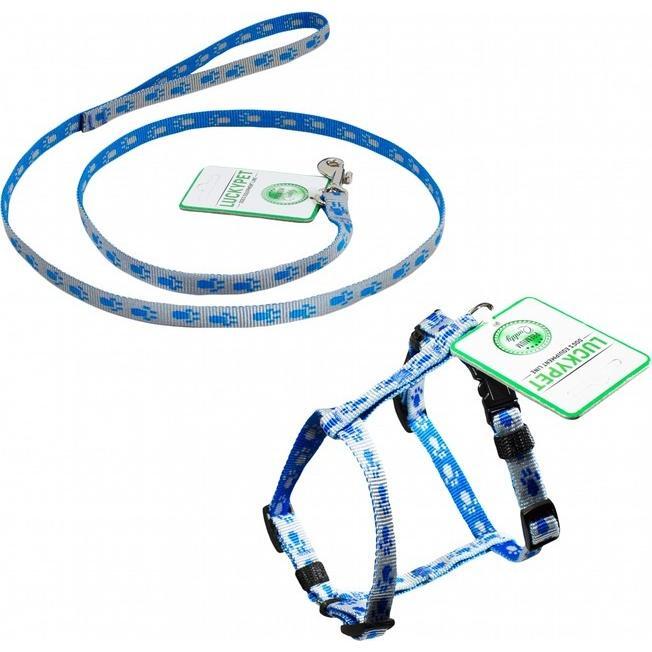 Комплект Lucky Pet поводок+шлея капроновый Н-образный Лапки серо-голубой 10мм/22-32см/24-38см фото 1