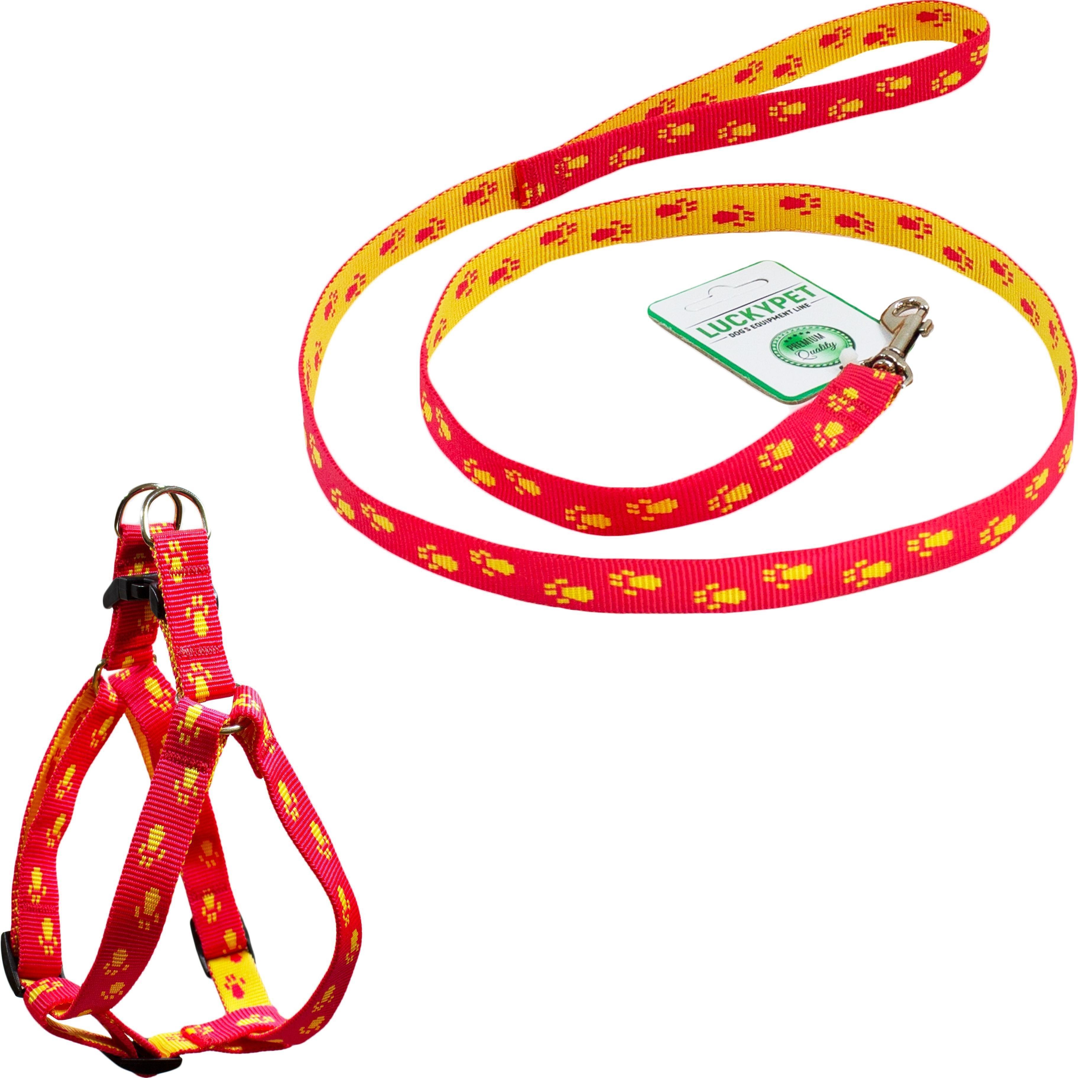 Комплект Lucky Pet поводок+шлея капроновый Лапки красно-желтый 10мм/28-33см/44-52см фото 1