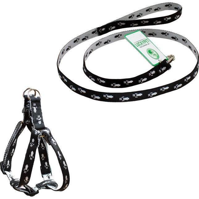 Комплект Lucky Pet поводок+шлея капроновый Лапки черно-серый 10мм/24-28см/38-46см фото 