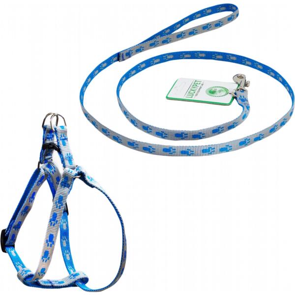 

Комплект Lucky Pet поводок+шлея капроновый Лапки серо-голубой 10мм/24-28см/38-46см