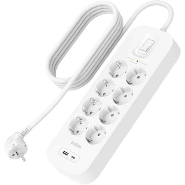 

Сетевой фильтр Belkin 8хТип F, 3x1.5мм кв, 16А, USB-A/USB-C 18Вт, 2м (SRB003vf2M-V2)