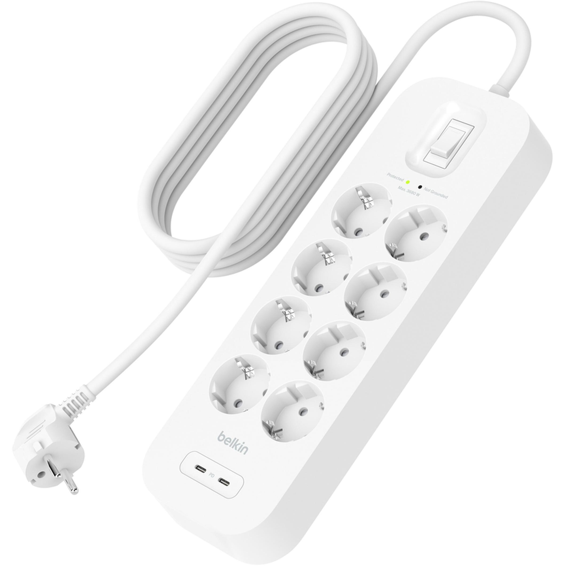 Мережевий фільтр Belkin 8хТип F, 3x1.5мм кв, 16А, USB-C/USB-C 30Вт, 2м (SRB004vf2M-V2)фото1