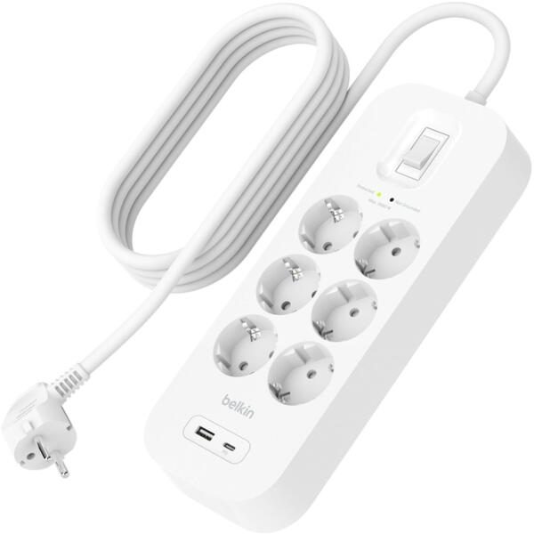 

Сетевой фильтр Belkin 6хТип F, 3x1.5мм кв, 16А, USB-A/USB-C 18Вт, 2м (SRB002vf2M-V2)