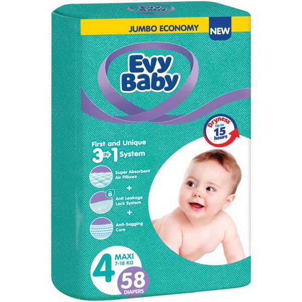 

Подгузники детские гигиенические Evy Baby Maxi Jumbo 7-18 кг 58 шт