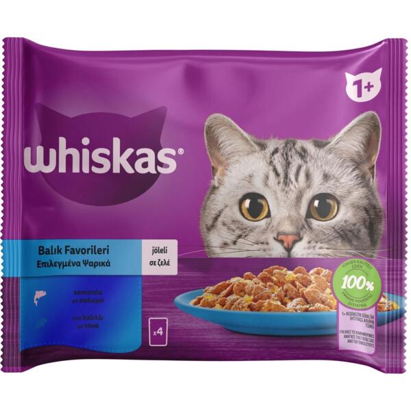 

Влажный корм для котов Whiskas тунец, лосось в желе 4х85 г