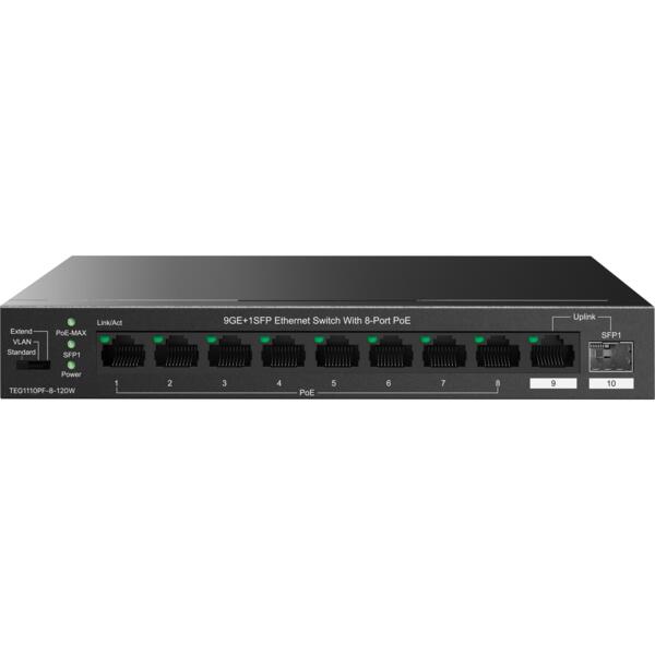 Коммутатор TENDA TEG1110PF-8-120W 8xGE PoE, 1xGE, 1xSFP, Неуправляемый