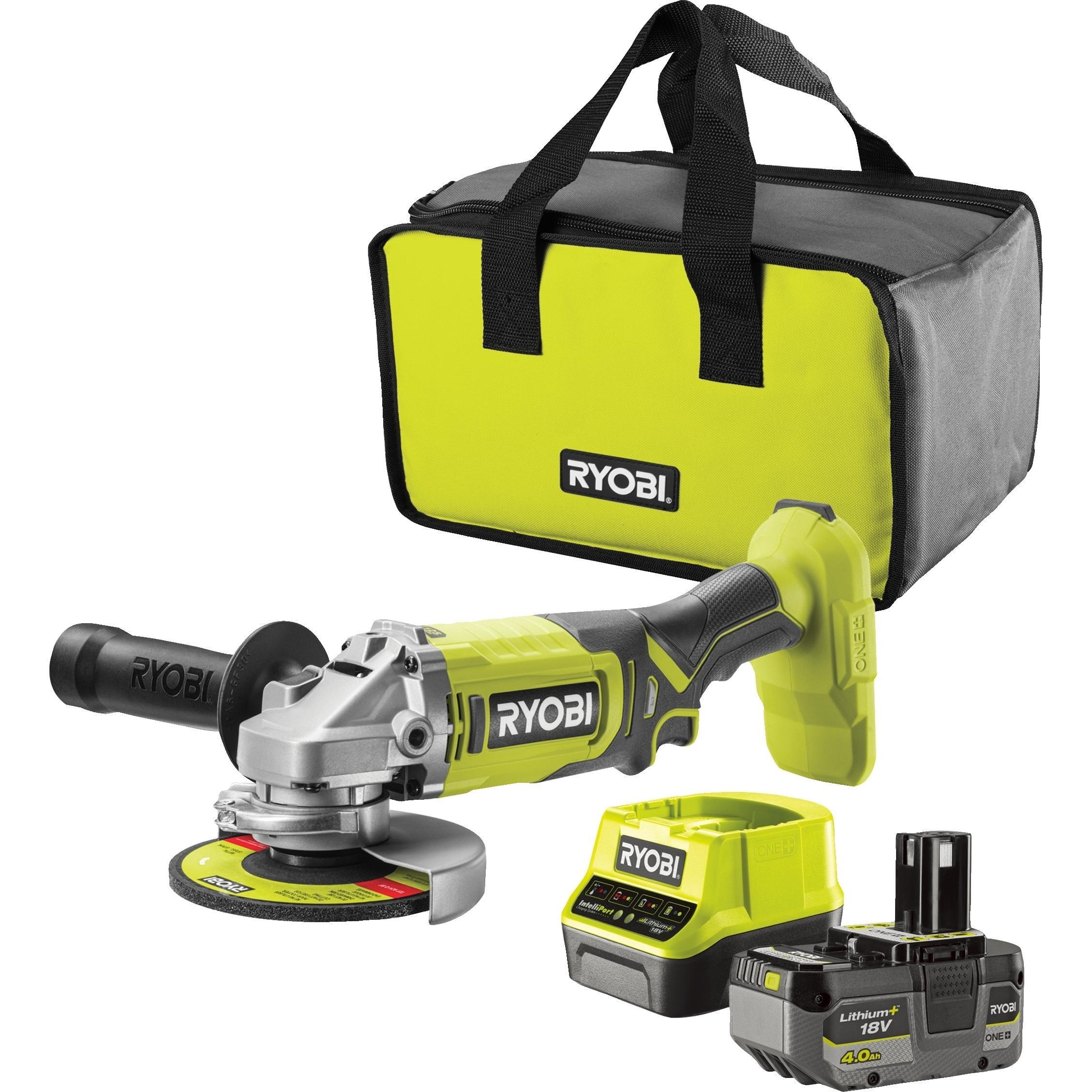 Шлифмашина угловая аккумуляторная Ryobi ONE+ RAG18125-1C40S 125мм 18В 1х4А·ч (5133005643) фото 1