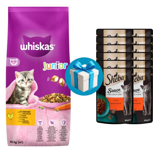 

Сухой корм для котят Whiskas с курицей 14кг+12 шт Влажный корм Sheba 85г в Подарок