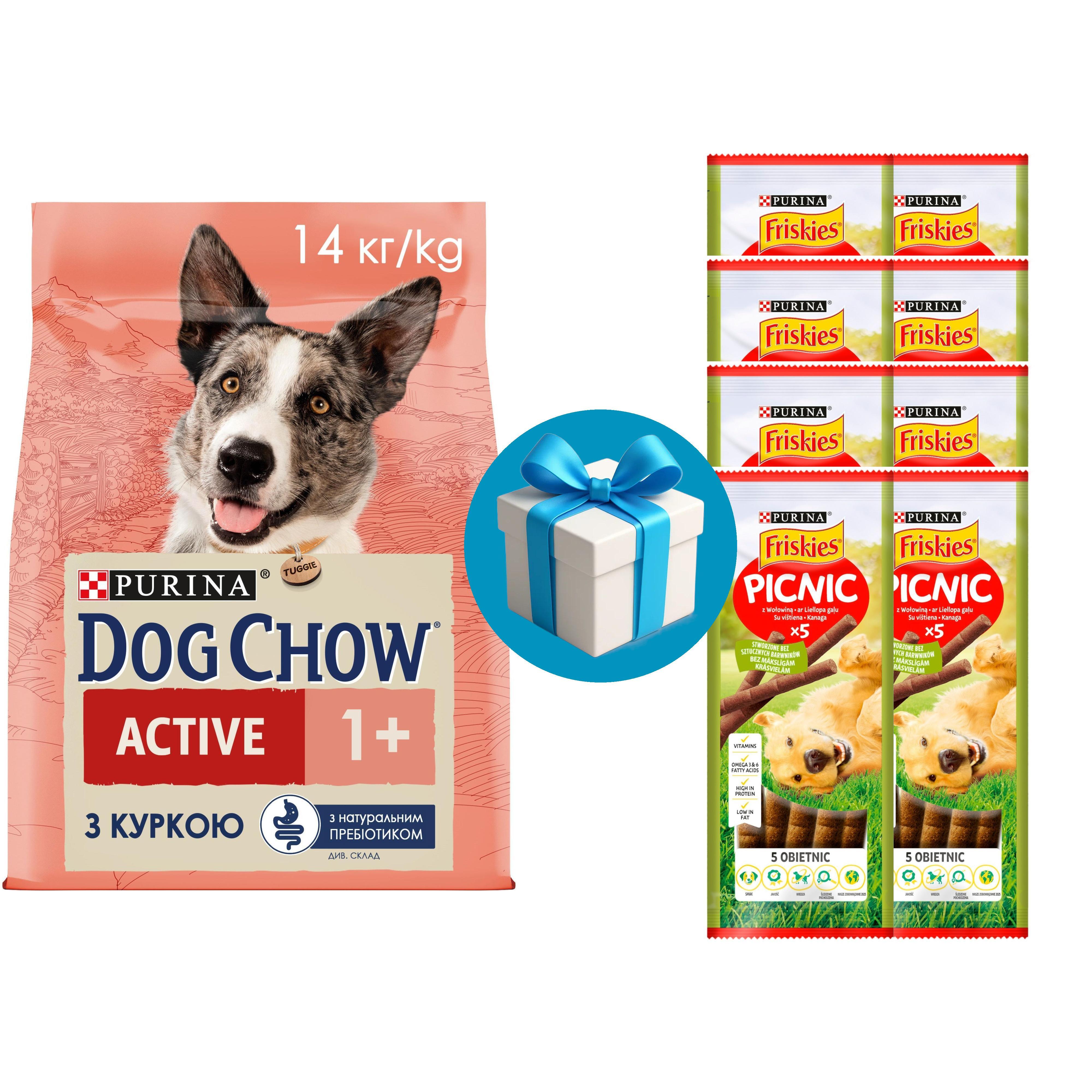 Сухий корм для собак Dog Chow Active Adult з куркою 14 кг + 8 шт Ласощі Friskies Picnic 42 г у Подарунокфото1