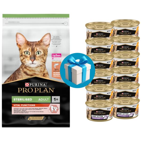 

Сухой корм для котов Purina Pro Plan Sterilised с лососем 10 кг+ 7 шт Влажный корм Pro Plan Baby Kitten 85 г в Подарок