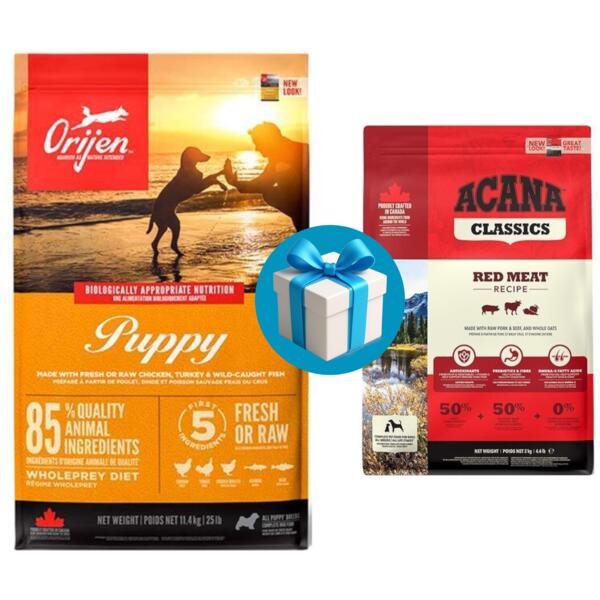 

Сухой корм для щенков Orijen Puppy 11.4 кг+Сухой корм Acana Classic Red 2 кг в Подарок