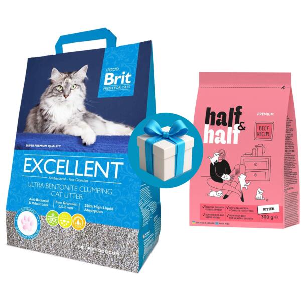 

Наполнитель для кошачьего туалета бентонитовый Brit Fresh Excellent 5кг+Сухой корм Half&Half 300г в Подарок