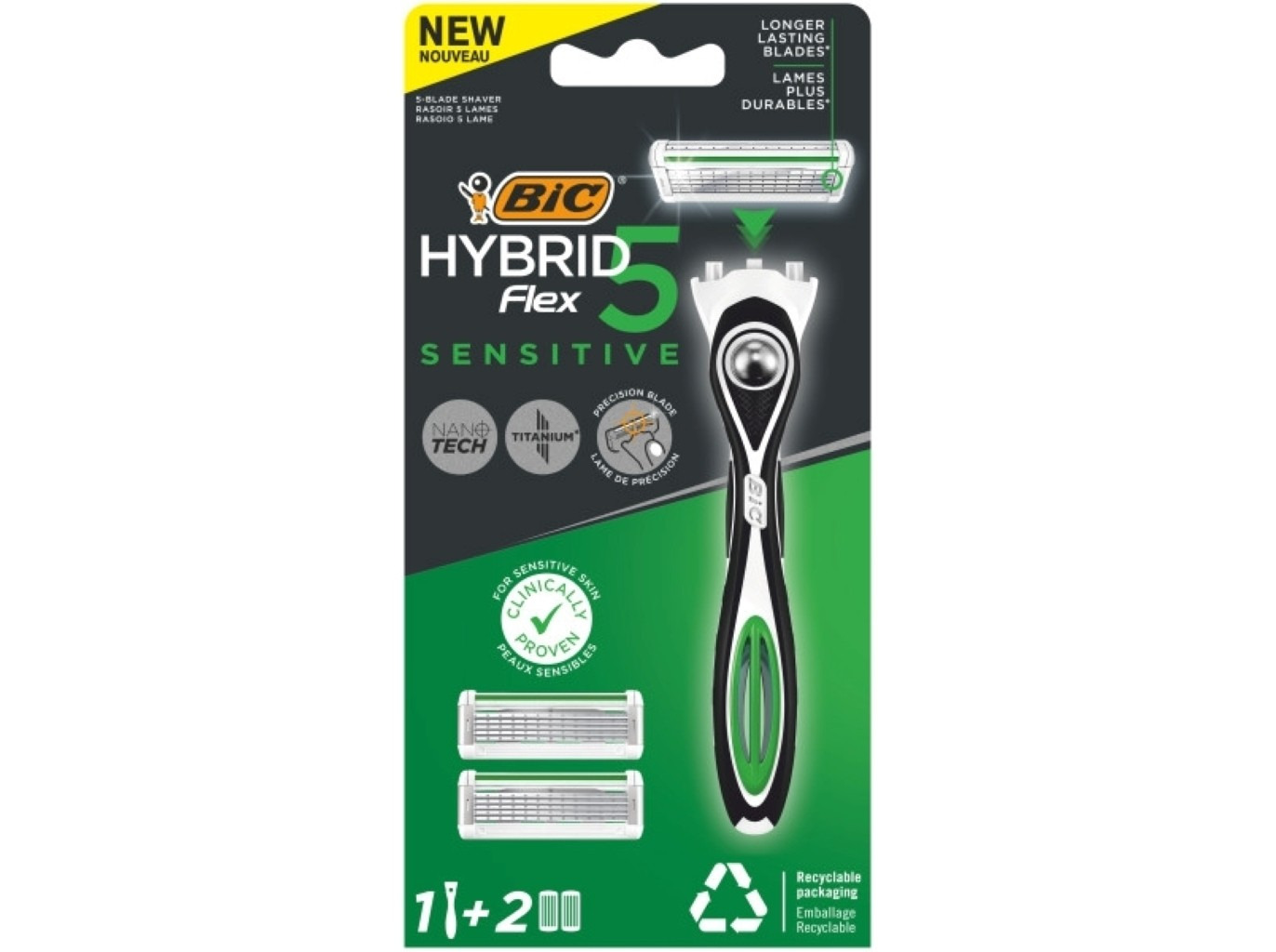 Бритва BIC Flex 5 Hybrid Sensitive з 2 змінними картриджами фото1