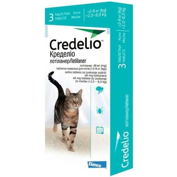 

Таблетки от блох и клещей для котов 2-8 кг Credelio Cat 48 мг 3 таб