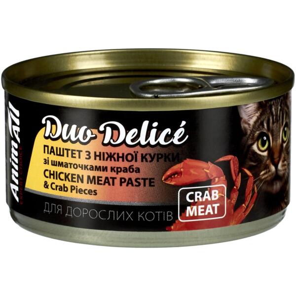 

Влажный корм для кошек AnimAll Duo Delice паштет с курицей и кусочками краба 80 г