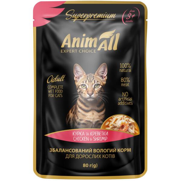 

Влажный корм для кошек AnimAll пауч курица с креветками 80 г