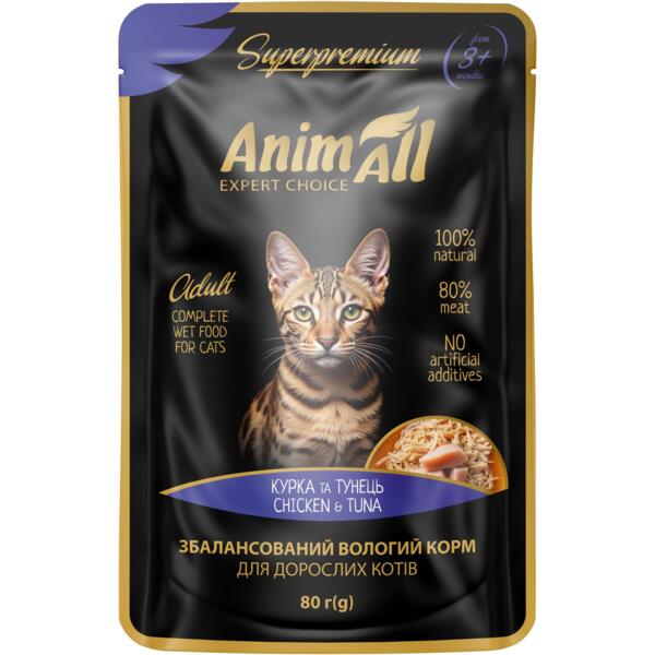 

Влажный корм для кошек AnimAll пауч тунец с курицей 80 г