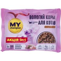 Влажный корм для кошек My Champion кусочки с курицей и печенью пауч 4 х 100 г