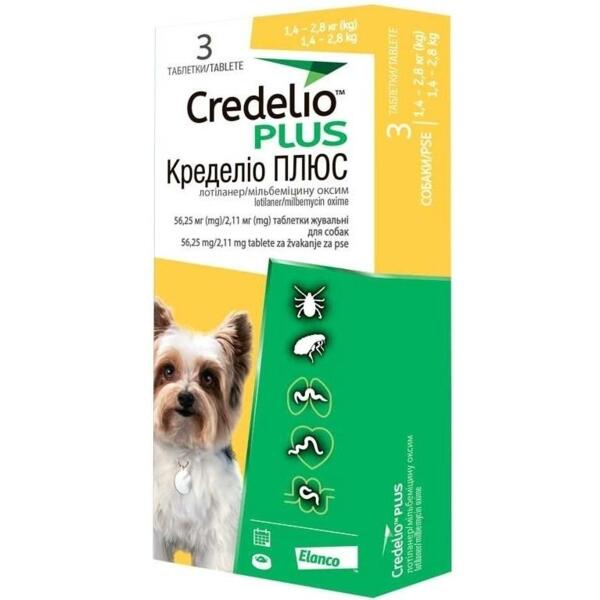 

Жевательные таблетки для собак 1,4-2,8 кг Credelio Plus от блох, клещей и гельминтов 56,25/2,11 мг 3 таб