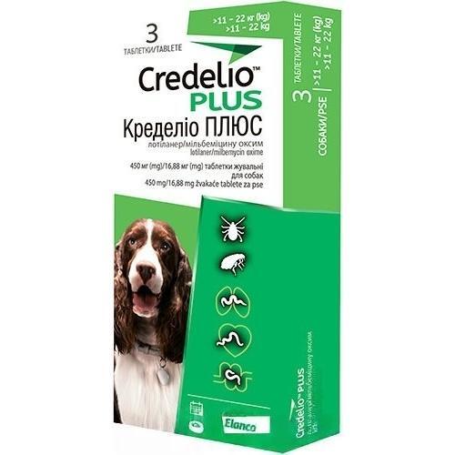 

Жевательные таблетки для собак 11-22 кг Credelio Plus от блох, клещей и гельминтов 450/16,88 мг 3 таб