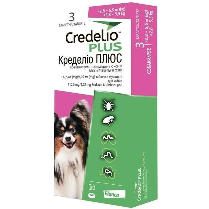 Жувальні таблетки для собак 2,8-5,5 кг Credelio Plus від бліх, кліщів та гелльмінтів 112,5/4,22 мг 3 таблфото1