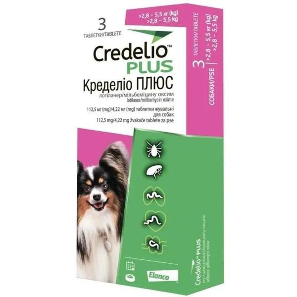 

Жевательные таблетки для собак 2,8-5,5 кг Credelio Plus от блох, клещей и гельминтов 112,5/4,22 мг 3 таб