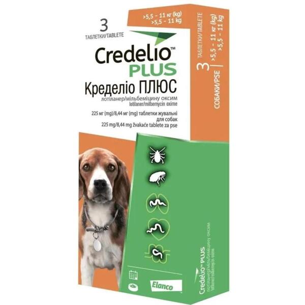 

Жевательные таблетки для собак 5,5-11 кг Credelio Plus от блох, клещей и гельминтов 225/8,44 мг 3 таб