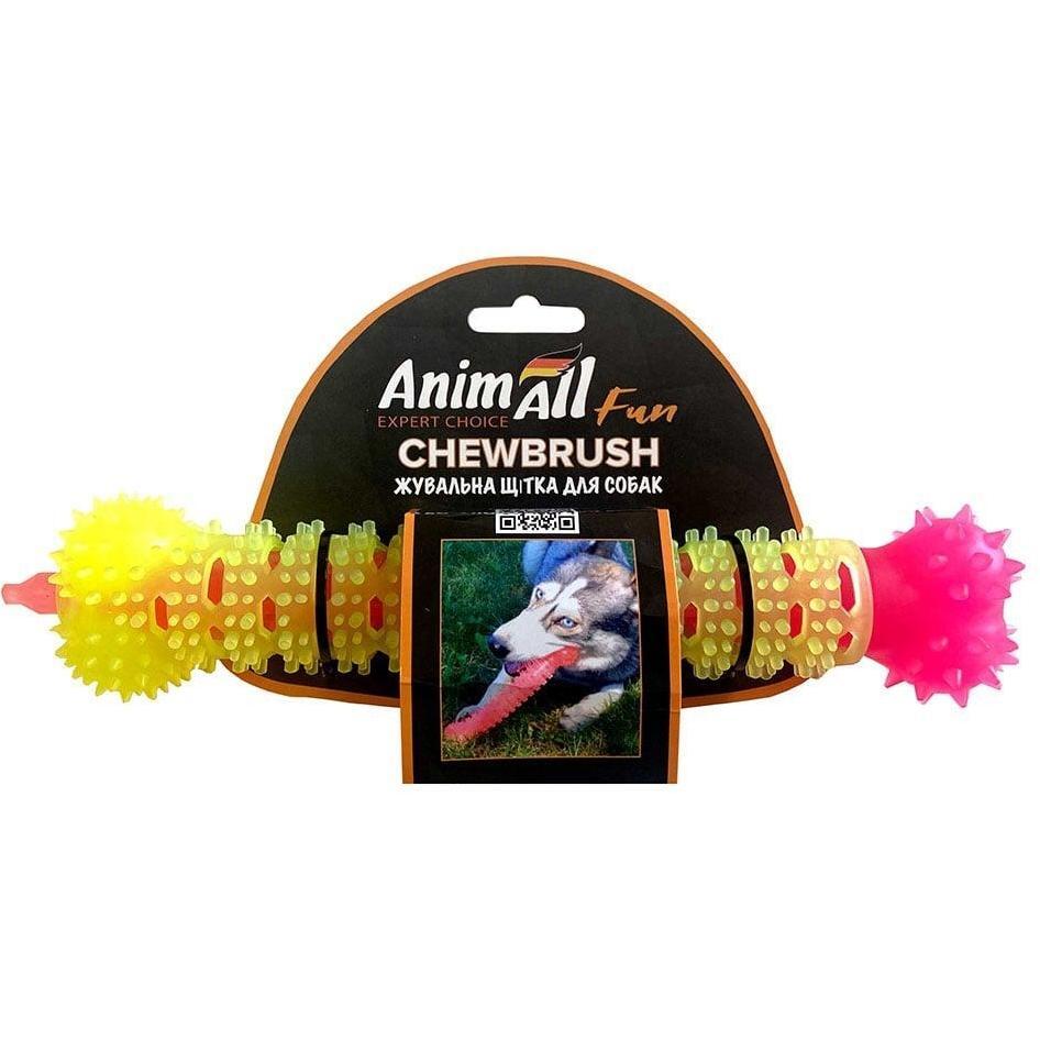 Іграшка AnimAll Fun Жувальна Щітка-Кістка жовта з рожевим 24 смфото