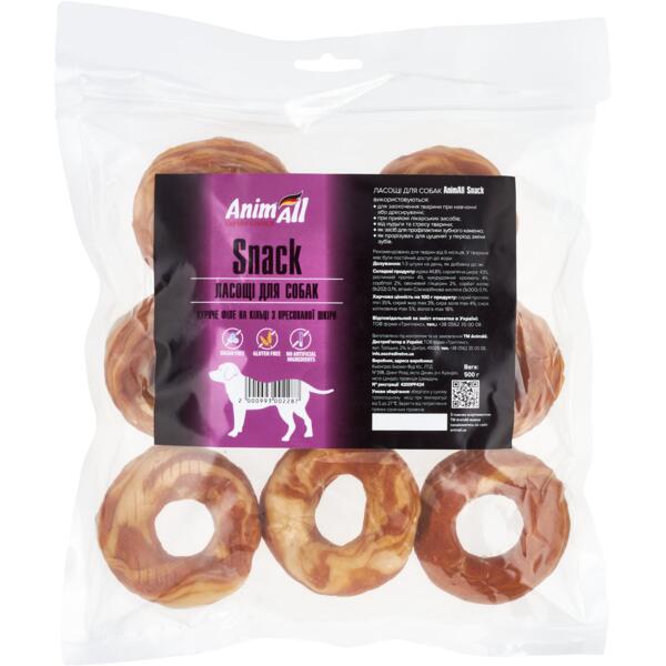 

Лакомства для собак AnimAll Snack куриное филе на кольце из прессованной кожи 500 г