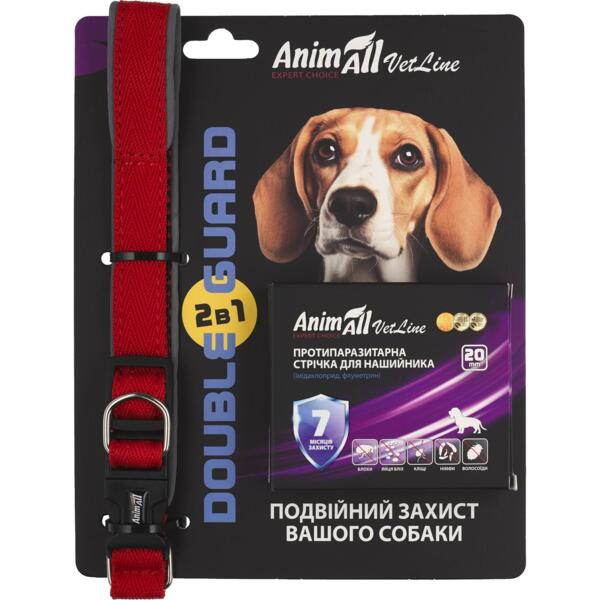 

Ошейник с противопаразитарной лентой AnimAll VetLine Double Guard 20 мм/320-400 мм красный