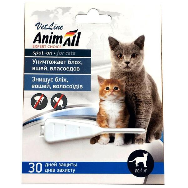 

Противопаразитарные капли на холку от блох и клещей для кошек AnimAll VetLine Spot-On до 4 кг 0,5 мл