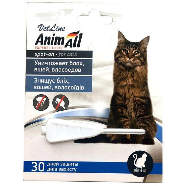 

Противопаразитарные капли на холку от блох, вшей и власоедов для кошек AnimAll VetLine Spot-On 4-10 кг 1,0 мл