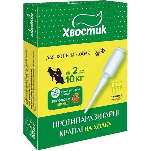

Противопаразитарные капли на холку для кошек и собак Хвостик Fipronil 0,8 мл от 2 до 10 кг 4 шт