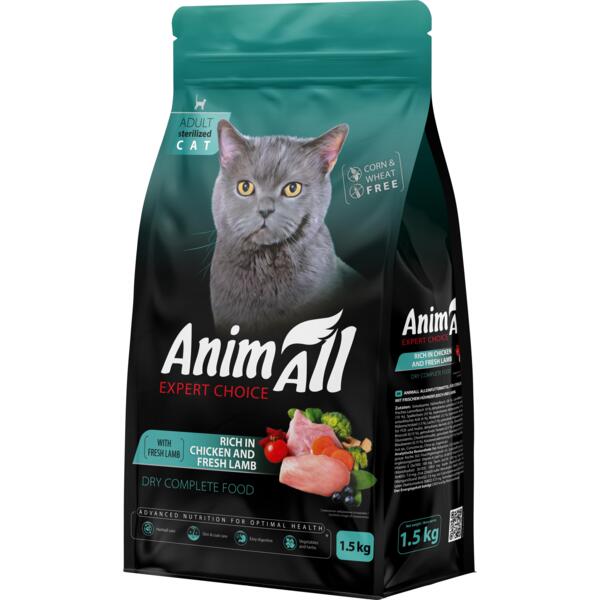 

Сухой корм для стерилизованных кошек AnimAll полнорационный с курицей и свежей ягнятиной 1,5 кг