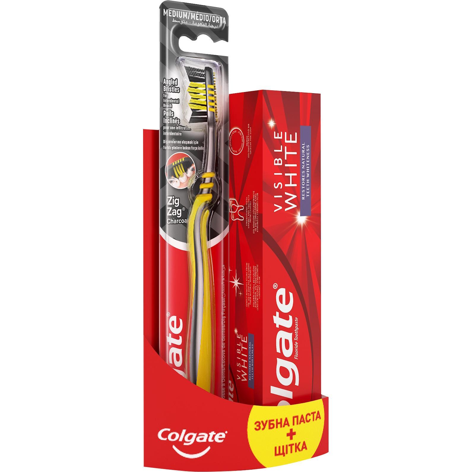 Зубная паста Colgate Visible White+Зубная щетка Zig Zag Charcoal фото 1