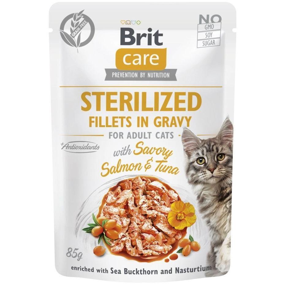 Корм вологий для стерилізованих котів Brit Care філе в соусі з лососем і тунцем 85 г фото1