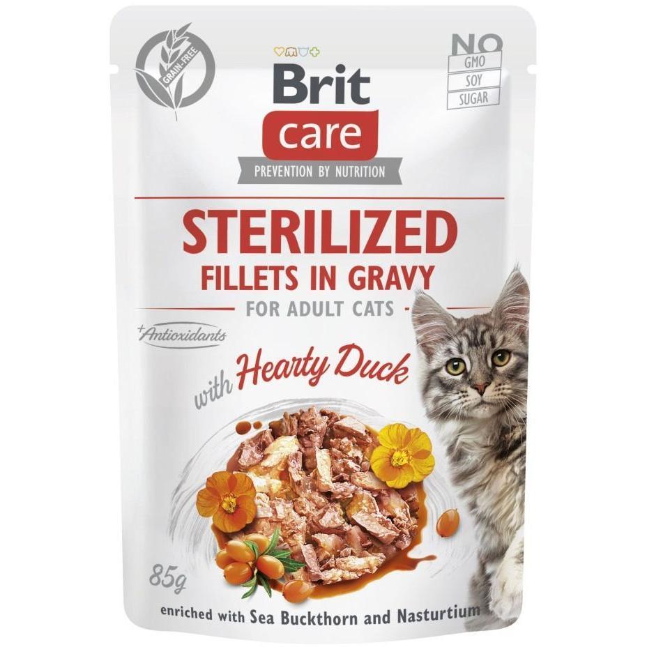 Корм вологий для стерилізованих котів Brit Care Fillets in Gravy Hearty Duck Sterilized філе в соусі з качкою 85 г фото1