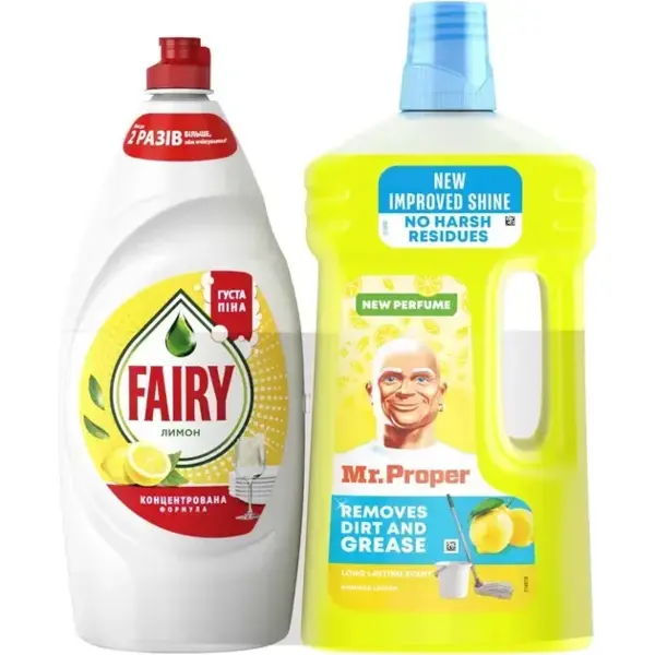 Набор Fairy Средство для мытья посуды Лимон 900 мл + Mr Proper Жидкое моющее средство для уборки пола и стен Лимон 1 л