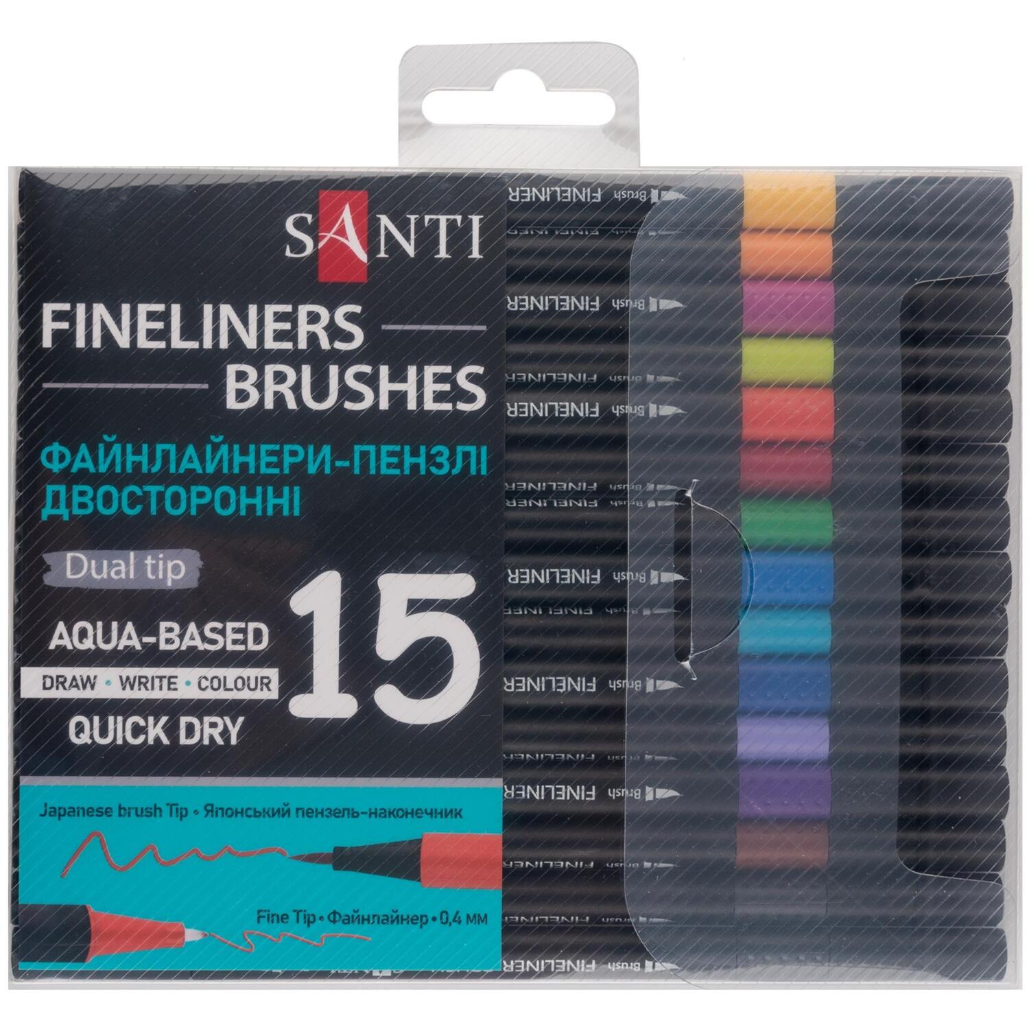 Набір файнлайнерів-пензлів Santi 15 кольорів, двосторонні (390996)фото